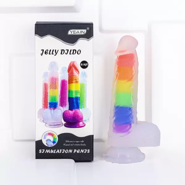 Dương vật giả có đế Jelly Dildo trong suốt 7 sắc màu cầu vồng